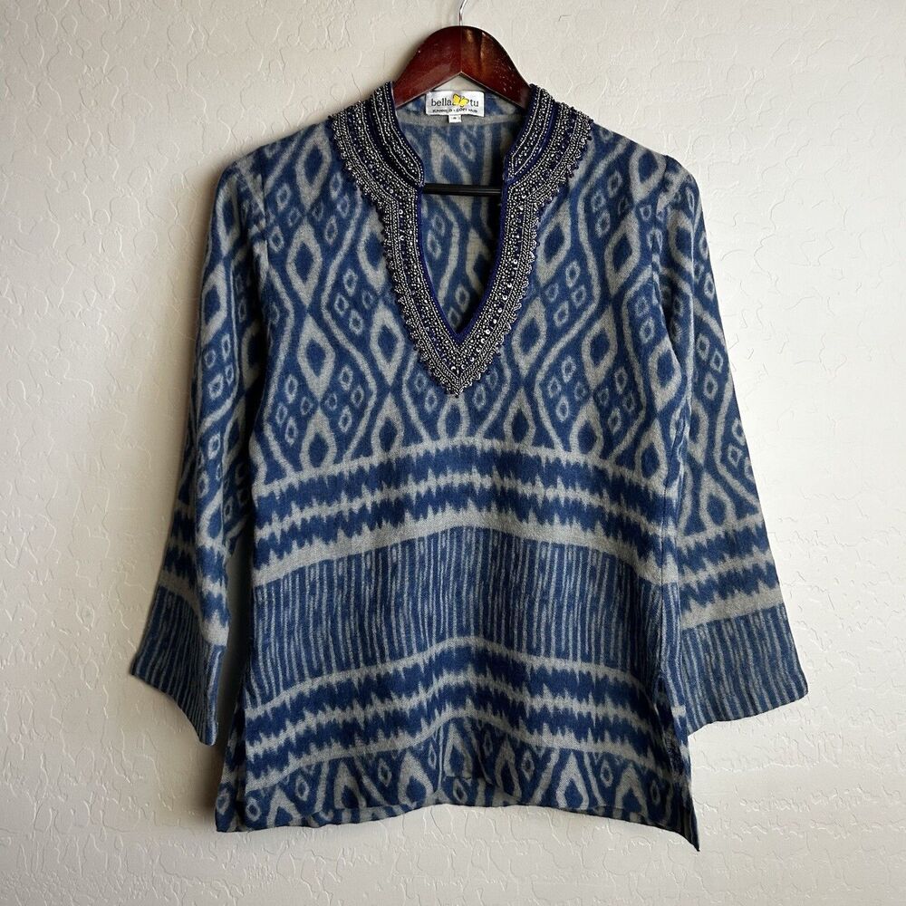 Bella Tu Tunic Top Size Small Blue Gray Beaded Long Sleeve Wool Womens INDIA